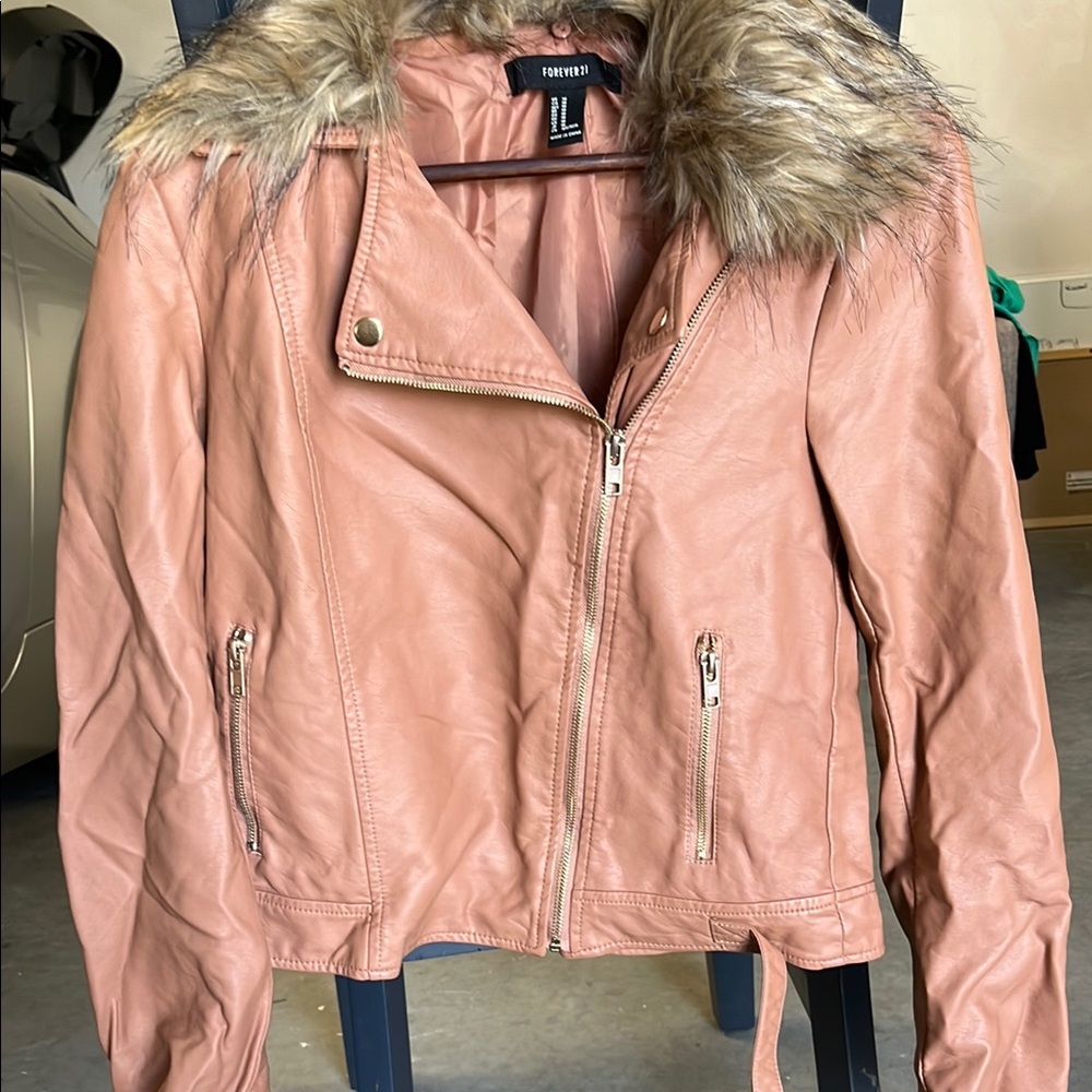 Forever 21 Pink Faux Leather Jacket with Fur Collar